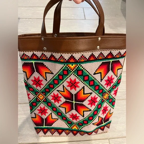 Colorful Geometric Cross-stitch Aztec Patterned Tote Bag with Brown Accents - Picture 3 of 14